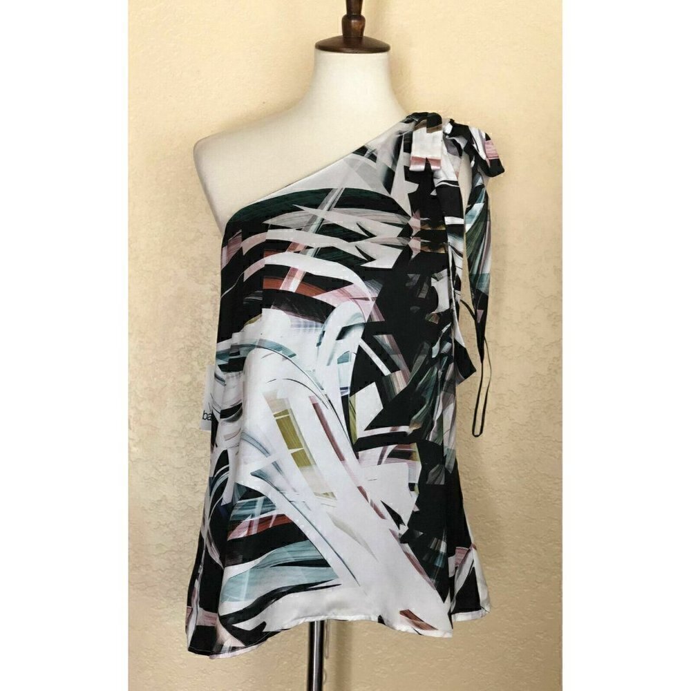 Bar III Black Combo Printed L One Shoulder Top XXS - Picture 2 of 9